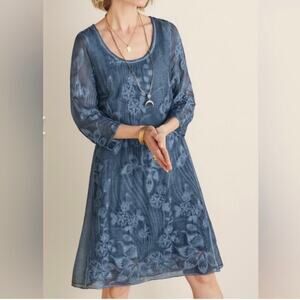Soft Surroundings Women's Starling 100% Silk Boho Embroidered Dress XS Blue